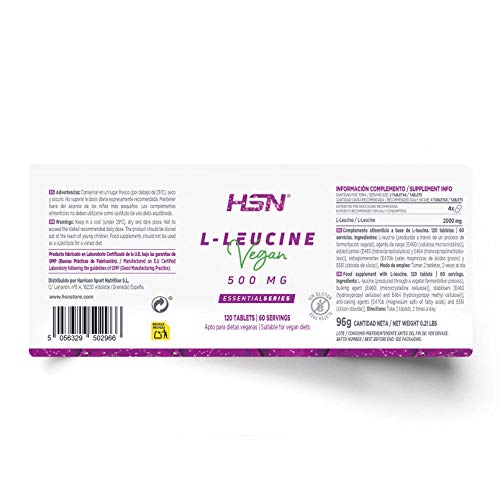 L-Leucina de HSN | 2000mg por Dosis Diaria | Aminoácido Esencial | Suplemento Deportivo Recuperador Muscular y Ganar Masa Muscular | 100% Vegano, Sin Gluten, Sin Lactosa, 120 Tabletas