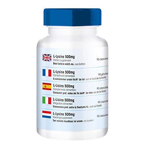 L-Lisina 500 mg - Vegana - Aminoácido esencial - Alta pureza - 90 Cápsulas