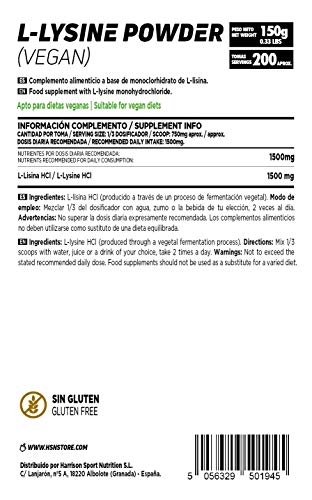 L-Lisina de HSN | L-Lysine Powder | 100% Pura en Polvo | Aminoácido Esencial | Suplemento para la producción de Colágeno, Piel Sana | Vegano, Sin Gluten, Sin Lactosa, Sabor Natural, En Polvo, 150 gr