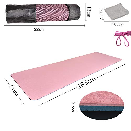 L LONGANCHANG Esterilla Yoga Deporte, Antideslizante TPE Ecológico Yoga Mat, Colchoneta Gimnasia Fitness Alfombrilla Gimnasio para Ejercicio en Casa, con Bolsa y Toalla, 183 x 61 x 0,6 CM, Rosa