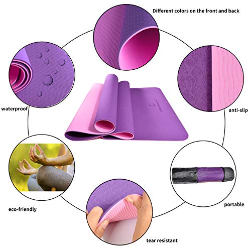 L LONGANCHANG Esterilla Yoga Deporte, Antideslizante TPE Ecológico Yoga Mat, Colchoneta Gimnasia Fitness Alfombrilla Gimnasio para Ejercicio en Casa, con Bolsa y Toalla, 183 x 61 x 0,6 CM, Violeta