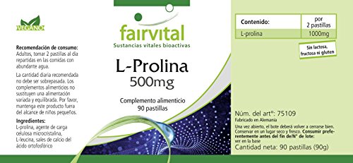 L-Prolina 500mg - VEGANA - Dosis elevada - Aminoácido - 90 Comprimidos - Calidad Alemana