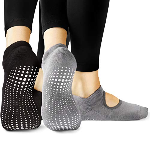 LA Active Calcetines Antideslizantes - 2 Pares - Para Yoga Pilates Ballet Barre Mujer Hombre - Ballet (Gris y Negro, 37-40 EU)