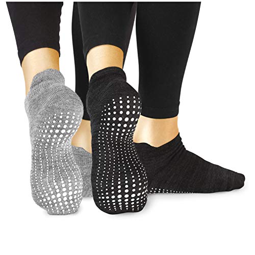 LA Active Calcetines Antideslizantes - 2 Pares - Para Yoga Pilates Ballet Barre Mujer Hombre (Gris y Negro, 34-37 EU)