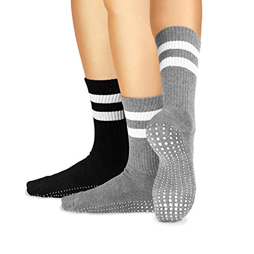 LA Active Calcetines Antideslizantes - 2 Pares - Para Yoga Pilates Ballet Barre Mujer Hombre Hospital - Crew (Gris y Negro)