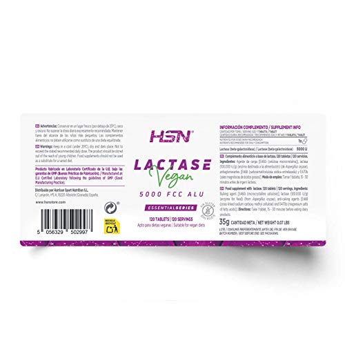 Lactasa Enzimas Digestivas de HSN | 5000 FCC ALU - Alta Potencia | Ideal para Intolerantes a la Lactosa | Vegano, Sin Gluten, Sin Lactosa, 120 tabletas