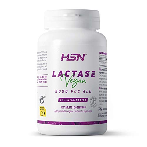 Lactasa Enzimas Digestivas de HSN | 5000 FCC ALU - Alta Potencia | Ideal para Intolerantes a la Lactosa | Vegano, Sin Gluten, Sin Lactosa, 120 tabletas