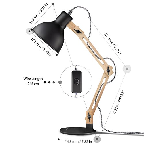 Lámpara de Escritorio,Columpio del Brazo,lámpara de Mesa Ajustable y Desmontable de Madera para Oficina, Sala, Estudio y Dormitorio, Negro – Tomons