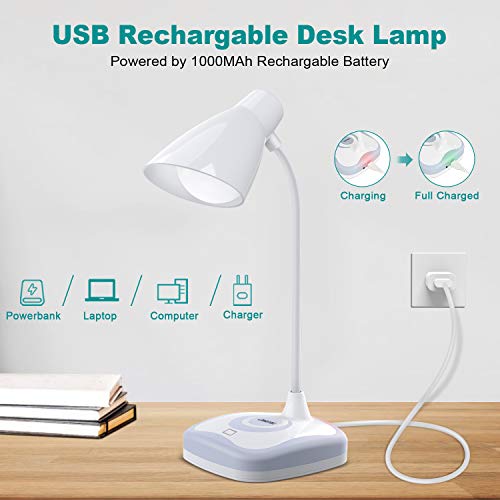 Lámpara Escritorio LED, OMERIL Luz Lectura Recargable USB con Control Táctil, Luz Cálida en la Base y 3 Brillo Regulable, Flexo Escritorio Infantil para Estudio, Lectura, Oficina, Dormitorio, Mesa