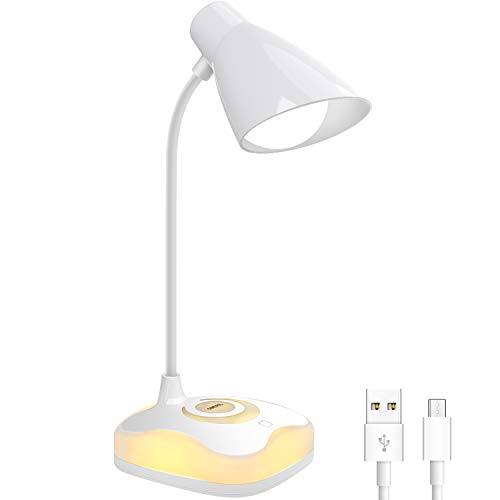 Lámpara Escritorio LED, OMERIL Luz Lectura Recargable USB con Control Táctil, Luz Cálida en la Base y 3 Brillo Regulable, Flexo Escritorio Infantil para Estudio, Lectura, Oficina, Dormitorio, Mesa