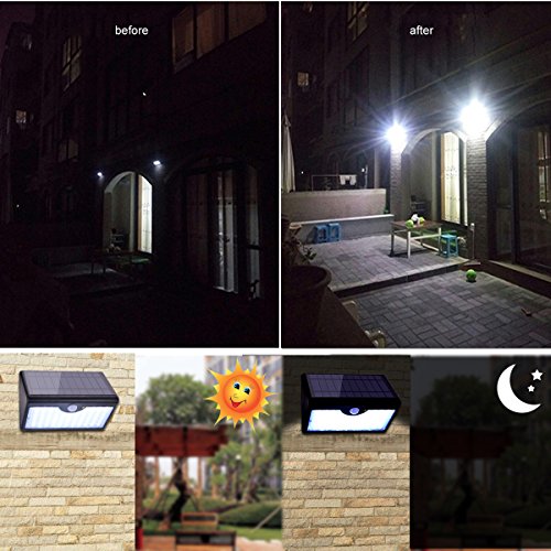 Lámpara Solar 60 LED Luz Solar 1300 LM Focos Solares con Control Remoto y Sensor Movimiento de Seguridad Luces Solares al Aire Libre 5 Modos Luz de Seguridad Impermeable para Jardín Patio