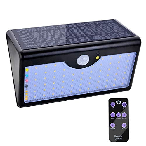 Lámpara Solar 60 LED Luz Solar 1300 LM Focos Solares con Control Remoto y Sensor Movimiento de Seguridad Luces Solares al Aire Libre 5 Modos Luz de Seguridad Impermeable para Jardín Patio