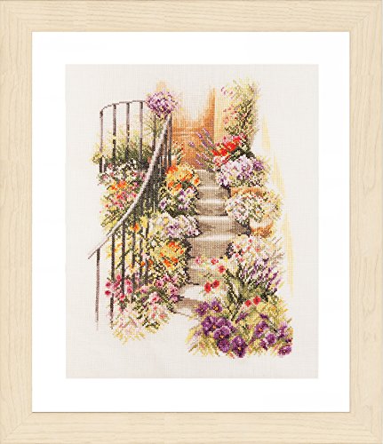 Lanarte – Kit de Punto de Cruz Kit de Punto de Flores escaleras (Lino), Tela, 32 x 22,5 x 2 cm