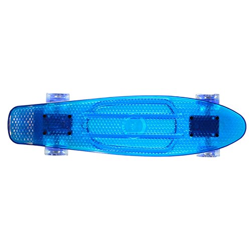 LAND SURFER® Skateboard Cruiser Retro 56cm – cojinetes ABEC-7 – Ruedas que se iluminan 59mm PU + bolsa para el transporte - Tabla Azul Transparente/Ruedas Azules