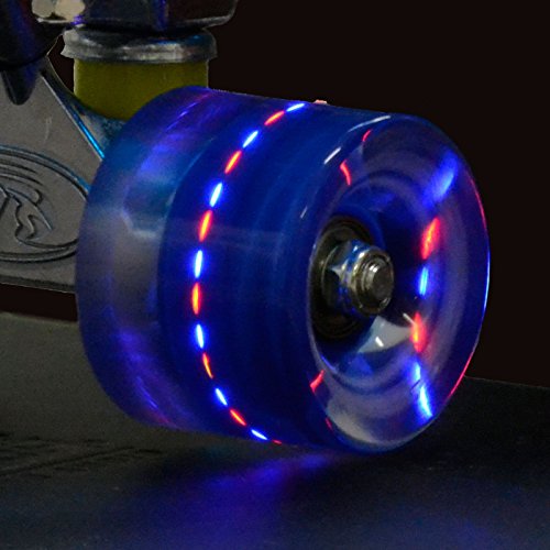 LAND SURFER® Skateboard Cruiser Retro 56cm – cojinetes ABEC-7 – Ruedas que se iluminan 59mm PU + bolsa para el transporte - Tabla Azul Transparente/Ruedas Azules