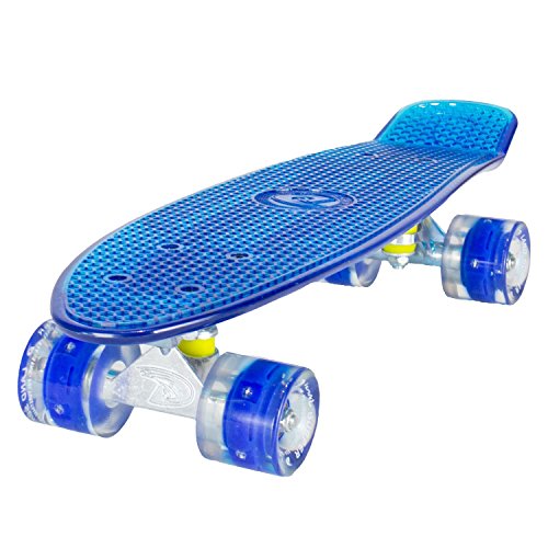 LAND SURFER® Skateboard Cruiser Retro 56cm – cojinetes ABEC-7 – Ruedas que se iluminan 59mm PU + bolsa para el transporte - Tabla Azul Transparente/Ruedas Azules LAND SURFER® Skateboard Cruiser Retro 56cm – cojinetes ABEC-7 – Ruedas que se iluminan 59mm PU + bolsa para el transporte - Tabla Azul Transparente/Ruedas Azules