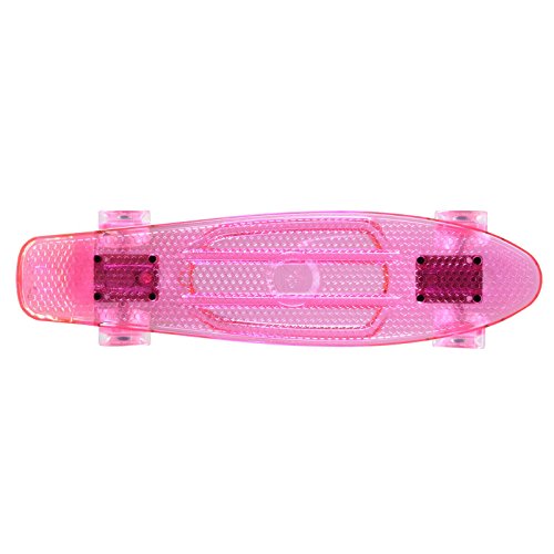 Land Surfer® Skateboard Cruiser Retro 56cm con Tabla Coloreada Transparente – cojinetes ABEC-7 – Ruedas Que se iluminan 59mm PU + Bolsa para el Transporte - Tabla Rosa Transparente/Ruedas Rosas LED