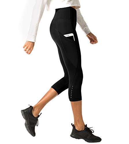 LAPASA Mallas Deportivas 3/4 Capris de Mujer Cintura Alta con Bolsillo (Leggings para Yoga, Pilates, Running) L02 (XS/34 (Cintura 58-66, Cadera 74-82 cm), Negro II (Bolsillo Lateral))