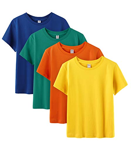 LAPASA Pack de 4 Camiseta para Niño o Niña Unisex de Manga Corta Algodón K01 (10-11 Años (Largo 54 cm, Pecho 42 cm), Energetic Colors (Naranja, Amarillo Oscuro, Verde Oscuro, Azul Oscuro))