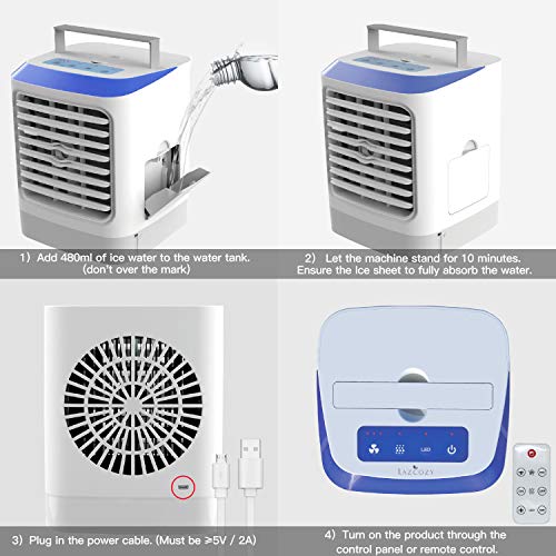 LAZCOZY mini Ventilador Humidificador Purificador Aire Acondicionado portátil de [Vhool-EU] USB Air Cooler con 3 Velocidades y 7 Colores Luz