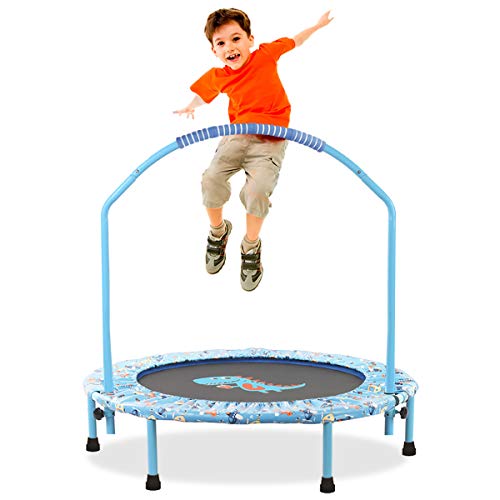 LBLA Ø 96cm Mini Trampolín para Niños, Pasamanos Ajustable y Cubierta Colchada de Seguridad Mini Plegable Bungee Rebounder Interior/Exterior Trampolines con Manija (Dinosaurio)