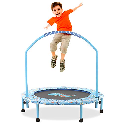 LBLA Ø 96cm Mini Trampolín para Niños, Pasamanos Ajustable y Cubierta Colchada de Seguridad Mini Plegable Bungee Rebounder Interior/Exterior Trampolines con Manija (Dinosaurio)