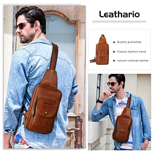 Leathario Bolso Pecho Hombro Bandolera Cruzado Cuero Guenino Vintage de Trabajo para Hombres Mochila Pecho Piel Grande para Viaje Crossbody Sling Bag