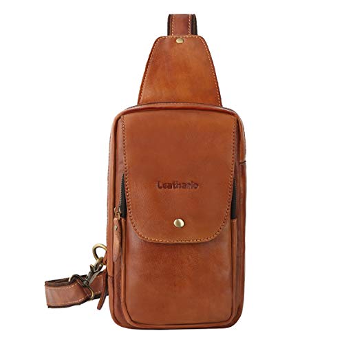 Leathario Bolso Pecho Hombro Bandolera Cruzado Cuero Guenino Vintage de Trabajo para Hombres Mochila Pecho Piel Grande para Viaje Crossbody Sling Bag