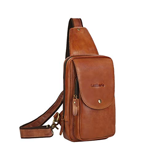 Leathario Bolso Pecho Hombro Bandolera Cruzado Cuero Guenino Vintage de Trabajo para Hombres Mochila Pecho Piel Grande para Viaje Crossbody Sling Bag