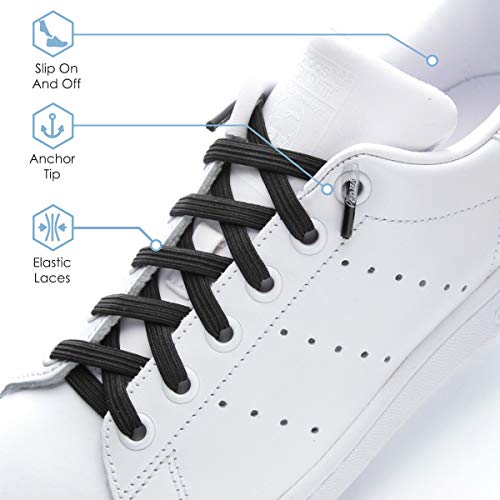 Leazy Flat, Cordones Elásticos Planos Unisex, Negro, Talla S(Hasta 4 Ojales Por Lado) Leazy Flat, Cordones Elásticos Planos Unisex, Negro, Talla S(Hasta 4 Ojales Por Lado)