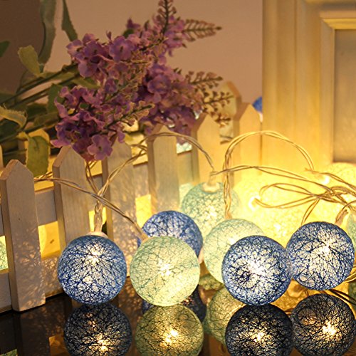 LEDMOMO Luces de hadas de la noche de la secuencia de la bola del algodón de 2.3M 20 LED para la decoración casera de la fiesta de jardín (blanco caliente azul)
