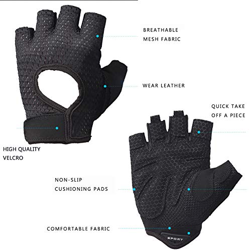 LeerKing Guantes Fitness con Protección Palma Guante Entrenamiento Transpirable de Gimnasio y de Deporte para Hombre y Mujer, Negro M