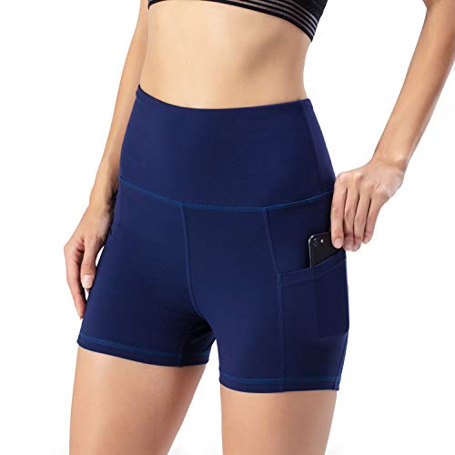 Leggings de yoga para mujer, talle alto, bolsillos para efecto faja, pantalones de entrenamiento, pantalones informales, Mujer, Pantaloni cropped, azul marino, large