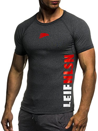 Leif Nelson Camiseta para Hombre con Cuello Redondo de Gimnasia Ropa de Deporte LN-06279 Antracita Rojo Medium