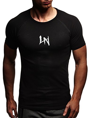 Leif Nelson Camiseta para Hombre con Cuello Redondo de Gimnasia Ropa de Deporte LN-8041N Negro-Gris Small