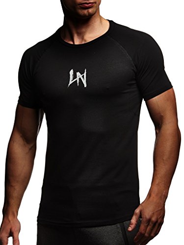 Leif Nelson Camiseta para Hombre con Cuello Redondo de Gimnasia Ropa de Deporte LN-8041N Negro-Gris Small