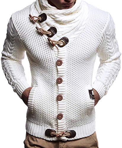 Leif Nelson Hombres Chaqueta de Punto con Cuello Chal LN-4195 Blanco Medium Leif Nelson Hombres Chaqueta de Punto con Cuello Chal LN-4195 Blanco Medium