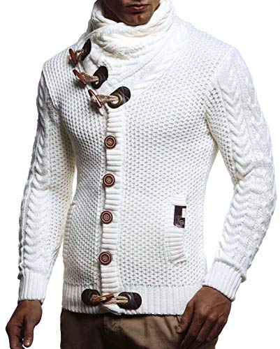 Leif Nelson Hombres Chaqueta de Punto con Cuello Chal LN-4195 Blanco Medium Leif Nelson Hombres Chaqueta de Punto con Cuello Chal LN-4195 Blanco Medium