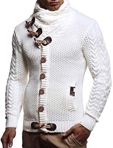 Leif Nelson Hombres Chaqueta de Punto con Cuello Chal LN-4195 Blanco Medium Leif Nelson Hombres Chaqueta de Punto con Cuello Chal LN-4195 Blanco Medium