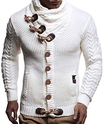 Leif Nelson Hombres Chaqueta de Punto con Cuello Chal LN-4195 Blanco Medium Leif Nelson Hombres Chaqueta de Punto con Cuello Chal LN-4195 Blanco Medium