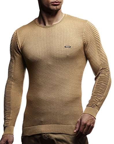 Leif Nelson suéter de Jersey de Punto Fino de Cuello Redondo de los Hombres de LN-1545 Beige Obscuro X-Large