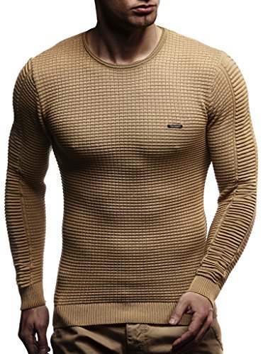 Leif Nelson suéter de Jersey de Punto Fino de Cuello Redondo de los Hombres de LN-1545 Beige Obscuro X-Large