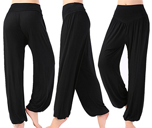 Leisial Pantalones de Yoga Algodón Suave Piernas Pantalones Anchos Sólido Color Elástico Pretina Pantalones Bombachos de Fitness Bailan Deportivo para Mujeres,Negro XL (XXL) (XXL)