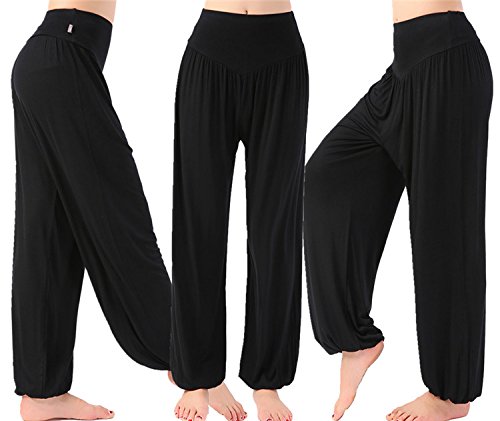 Leisial Pantalones de Yoga Algodón Suave Piernas Pantalones Anchos Sólido Color Elástico Pretina Pantalones Bombachos de Fitness Bailan Deportivo para Mujeres,Negro XL (XXL) (M)