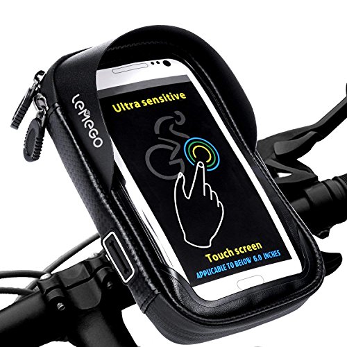 LEMEGO Bolsa Bicicleta Manillar para Ciclista Ciclismo, Bolso de Bici Impermeables Soporte Móvil teléfono para teléfonos móviles Inferior de 6 Inches (Negro)