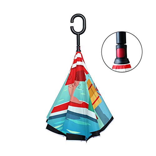 LENNEL Diseño de doble capa resistente al viento con asa en forma de C para remo, Papá Noel con tiras reflectantes de seguridad nocturna, paraguas invertidos y plegables. LENNEL Diseño de doble capa resistente al viento con asa en forma de C para remo, Papá Noel con tiras reflectantes de seguridad nocturna, paraguas invertidos y plegables.