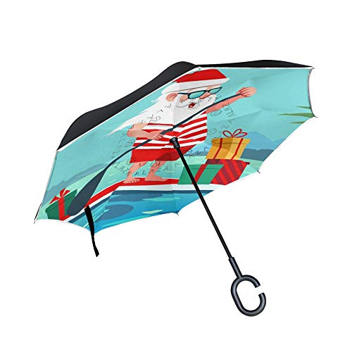 LENNEL Diseño de doble capa resistente al viento con asa en forma de C para remo, Papá Noel con tiras reflectantes de seguridad nocturna, paraguas invertidos y plegables.