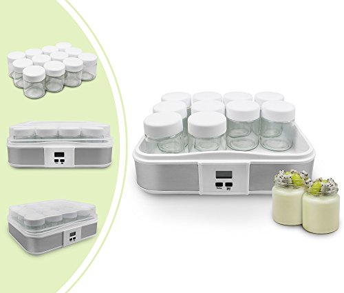 Leogreen - Yogurtera, Máquina para Yogur Natural y Saludable, 12 tarros, con el contador de tiempo, 30,6 x 25 x 12,4 cm, Blanco, Capacidad por frasco: 0,21 L, Ajuste del temporizador: 0-15 horas