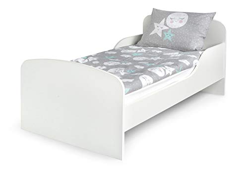 Leomark Cama Infantil Completa de Madera - Blanco- Marco de Cama, Colchón, Somier, Blanco Muebles para Niños, Moderno Dormitorio, Impresa Mobiliario, Espacio para Dormir: 140/70 cm