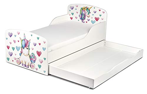 Leomark Cama Infantil Completa de Madera - Unicornio - Marco de Cama, Colchón y Cajón, Somier, Blanco Muebles para Niños, Moderno Dormitorio, Espacio para Dormir: 140/70